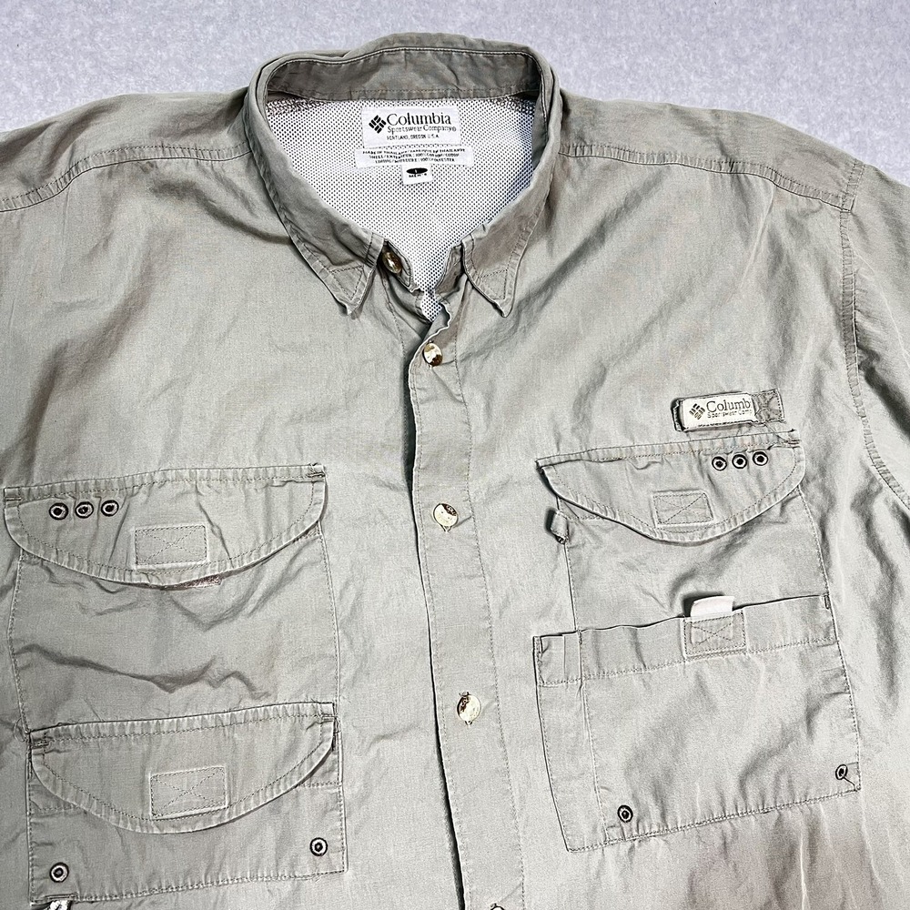 Columbia PFG Shirt Men's Large Solid Color Green Short Sleeve Vented USA READ